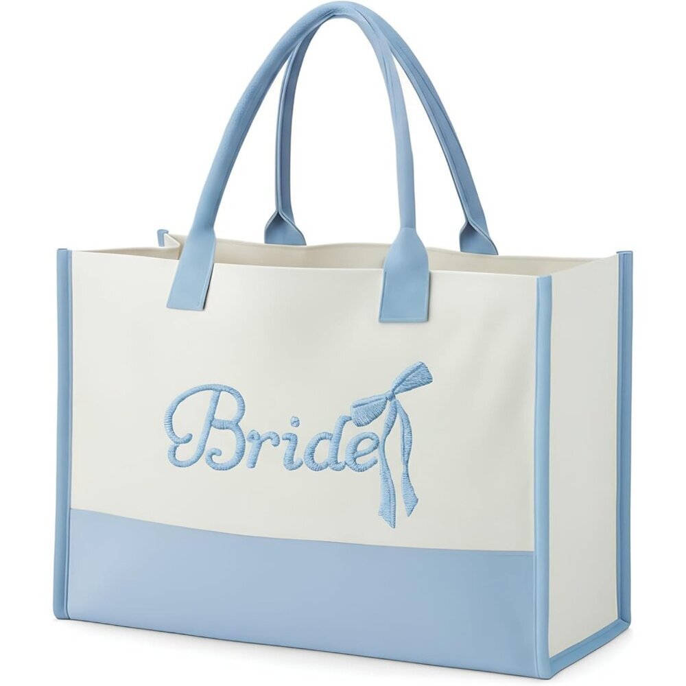 Charming Blue Bow Embroidered Tote Bag - Perfect for Weddings & Bachelorettes